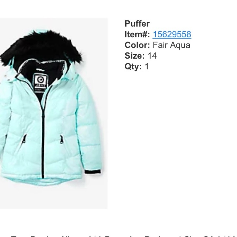 Aqua Puffer Jacket with Black Fur Trim